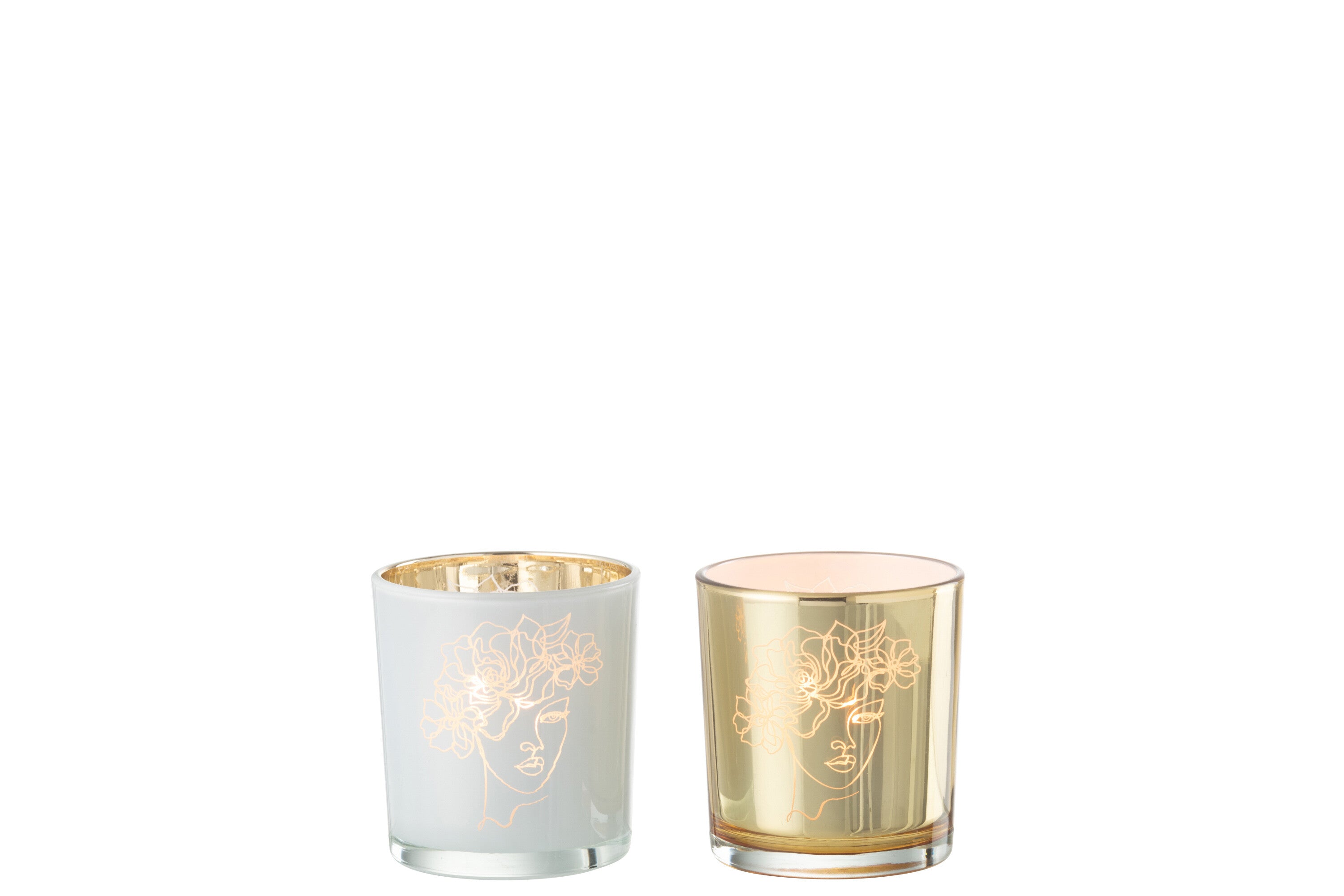 Theelichthouder Dame Haar Bloemen Glas Wit/Goud Klein Assortiment Van 2