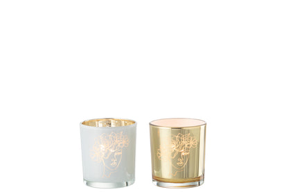 Theelichthouder Dame Haar Bloemen Glas Wit/Goud Klein Assortiment Van 2