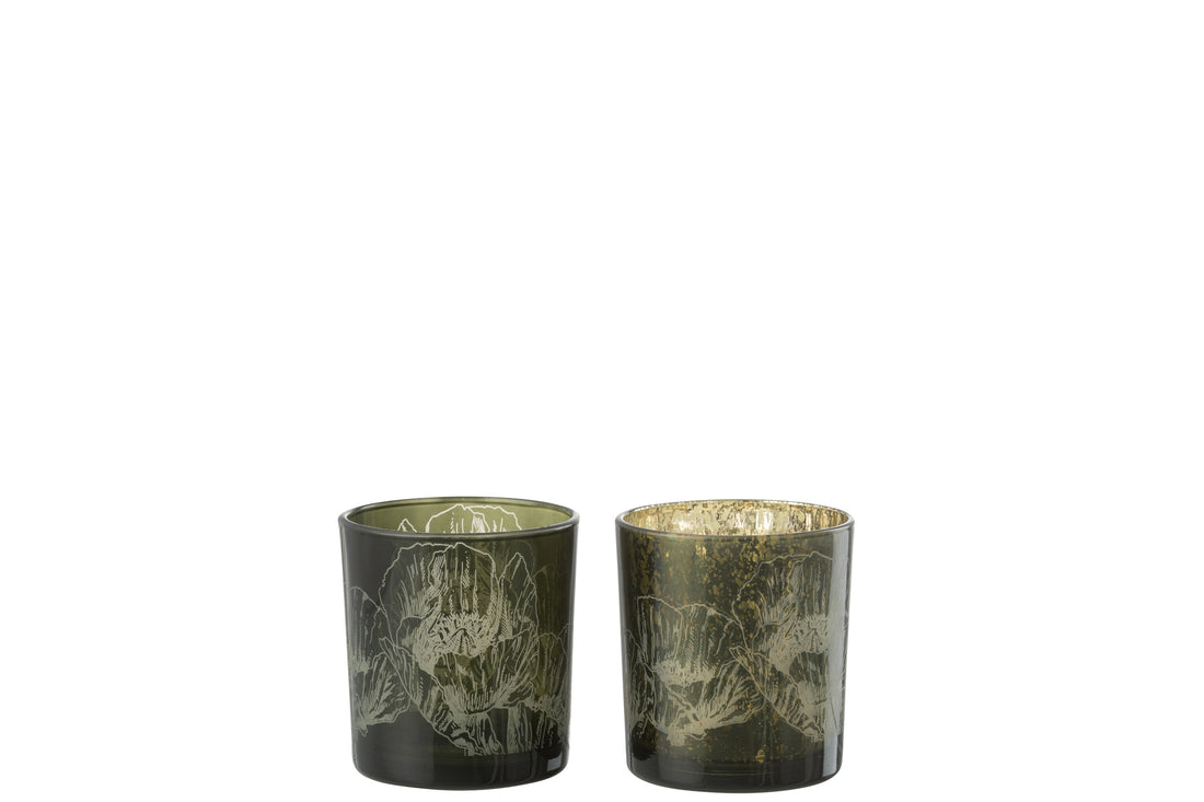 Theelichthouder Bloemen Glas Kakigroen/Antiek Kakigroen Kleine Assortiment Van 2