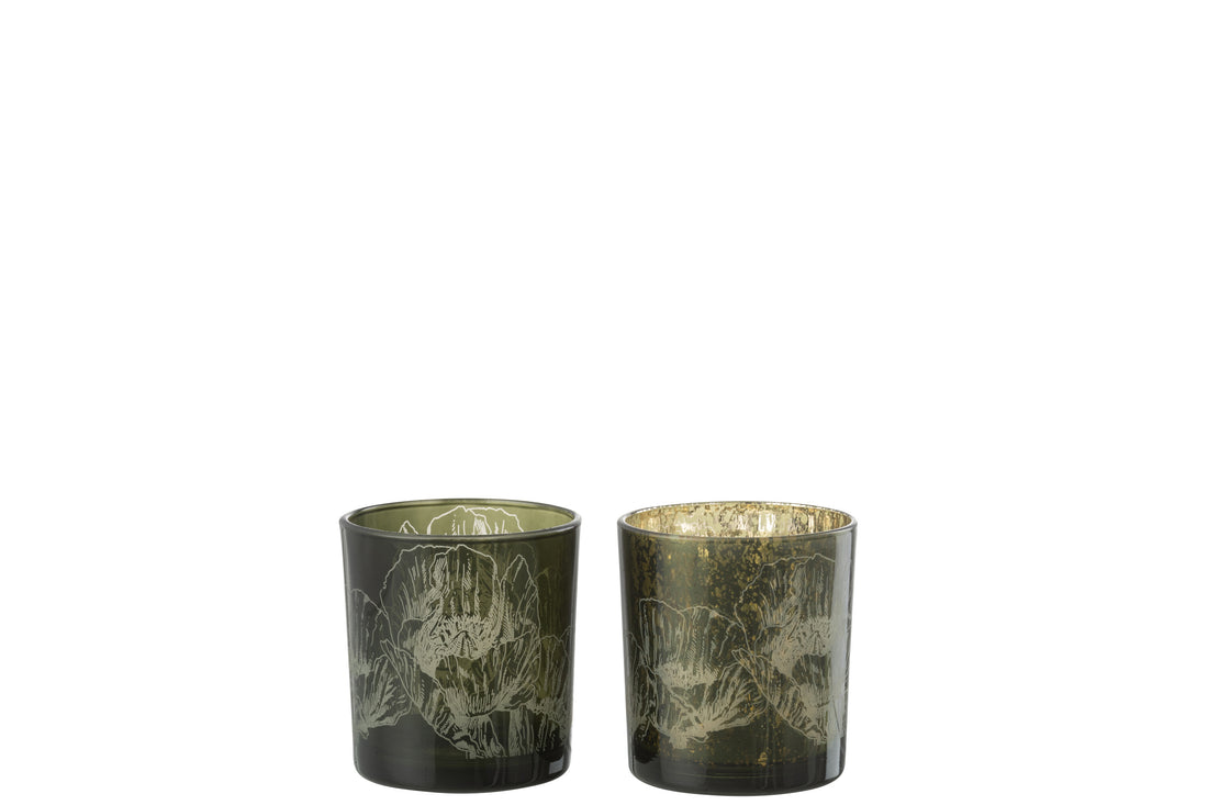Theelichthouder Bloemen Glas Kakigroen/Antiek Kakigroen Kleine Assortiment Van 2