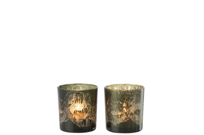 Theelichthouder Bloemen Glas Kakigroen/Antiek Kakigroen Kleine Assortiment Van 2