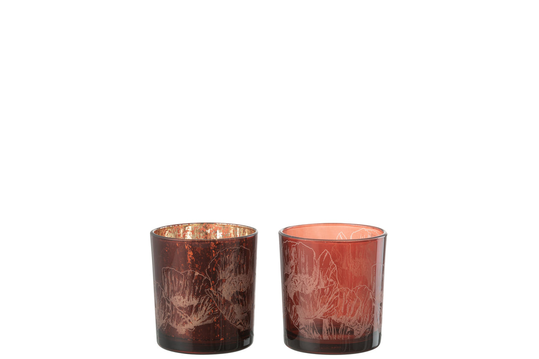 Theelichthouder Bloemen Glas Bordeaux/Antiek Bordeaux Kleine Assortiment Van 2