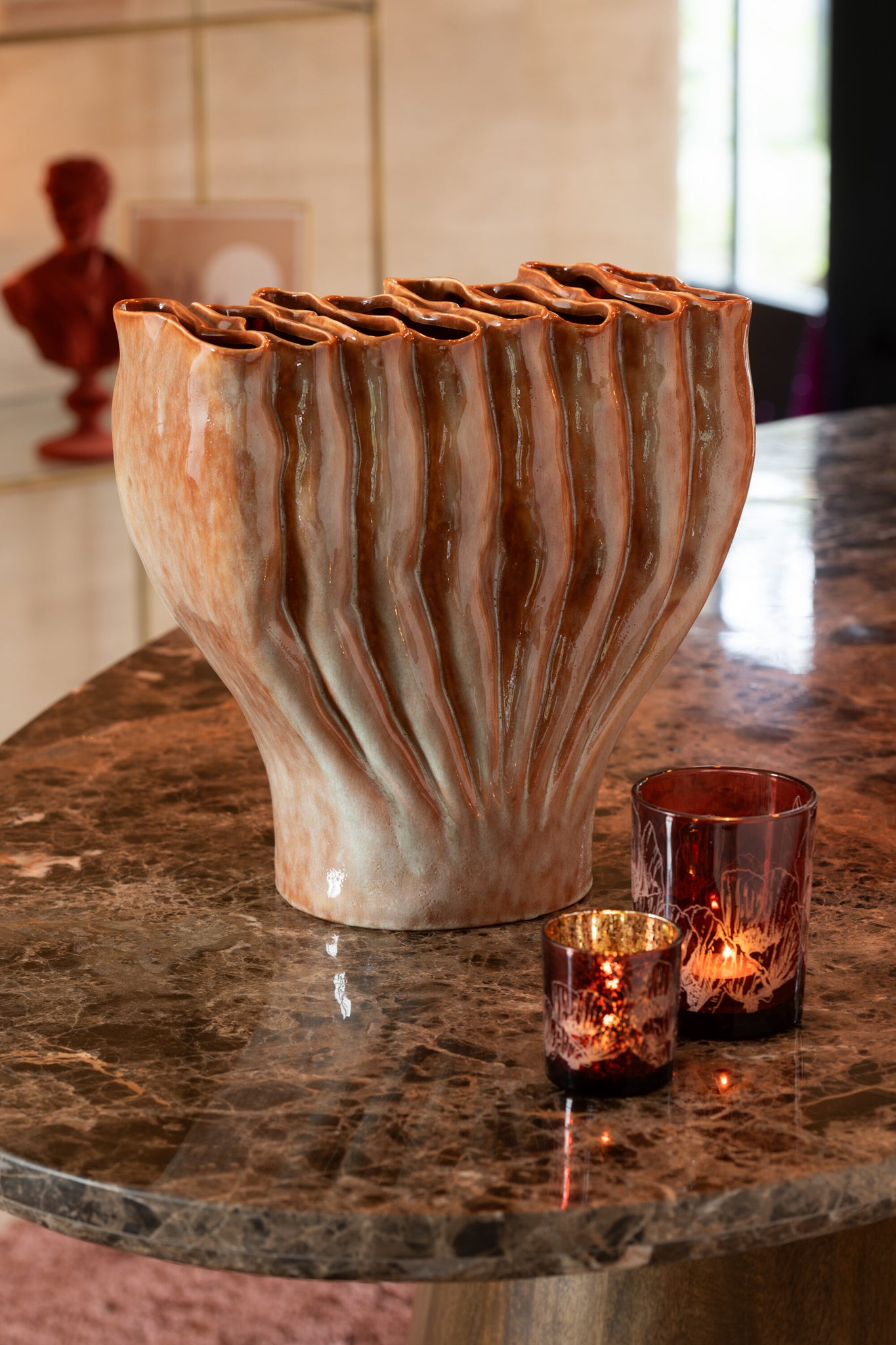 Theelichthouder Bloemen Glas Bordeaux/Antiek Bordeaux Kleine Assortiment Van 2