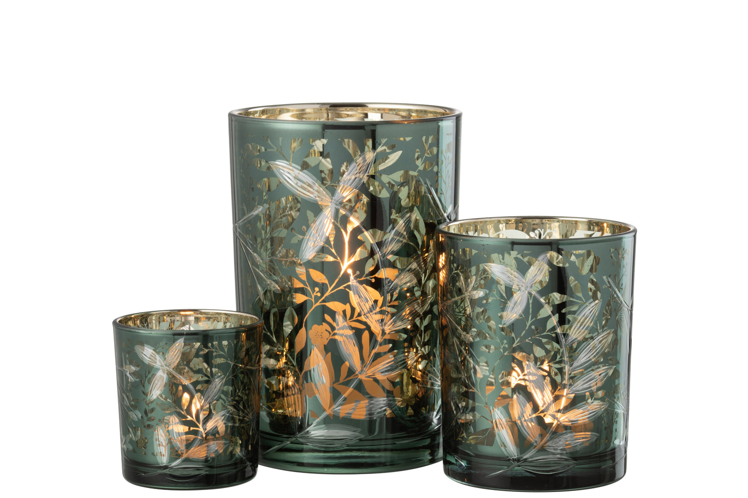 Orkaan laat glas groen/antiek goud groot achter.