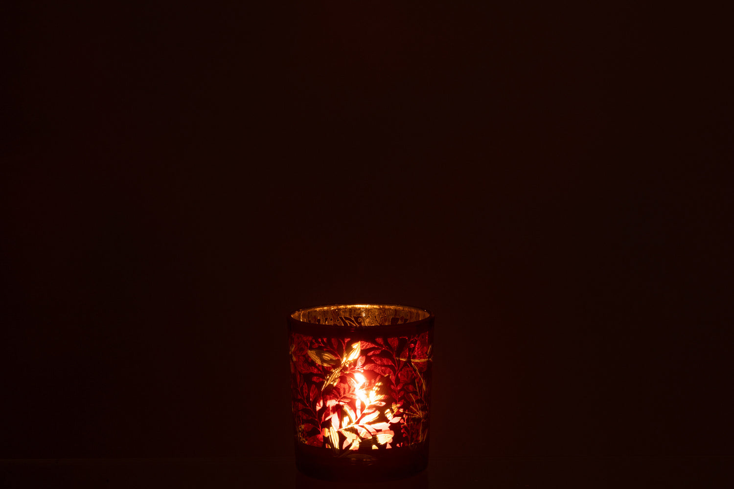 Theelichthouder Bladeren Glas Rood/Antiek Goud Klein