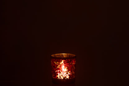 Theelichthouder Bladeren Glas Rood/Antiek Goud Klein