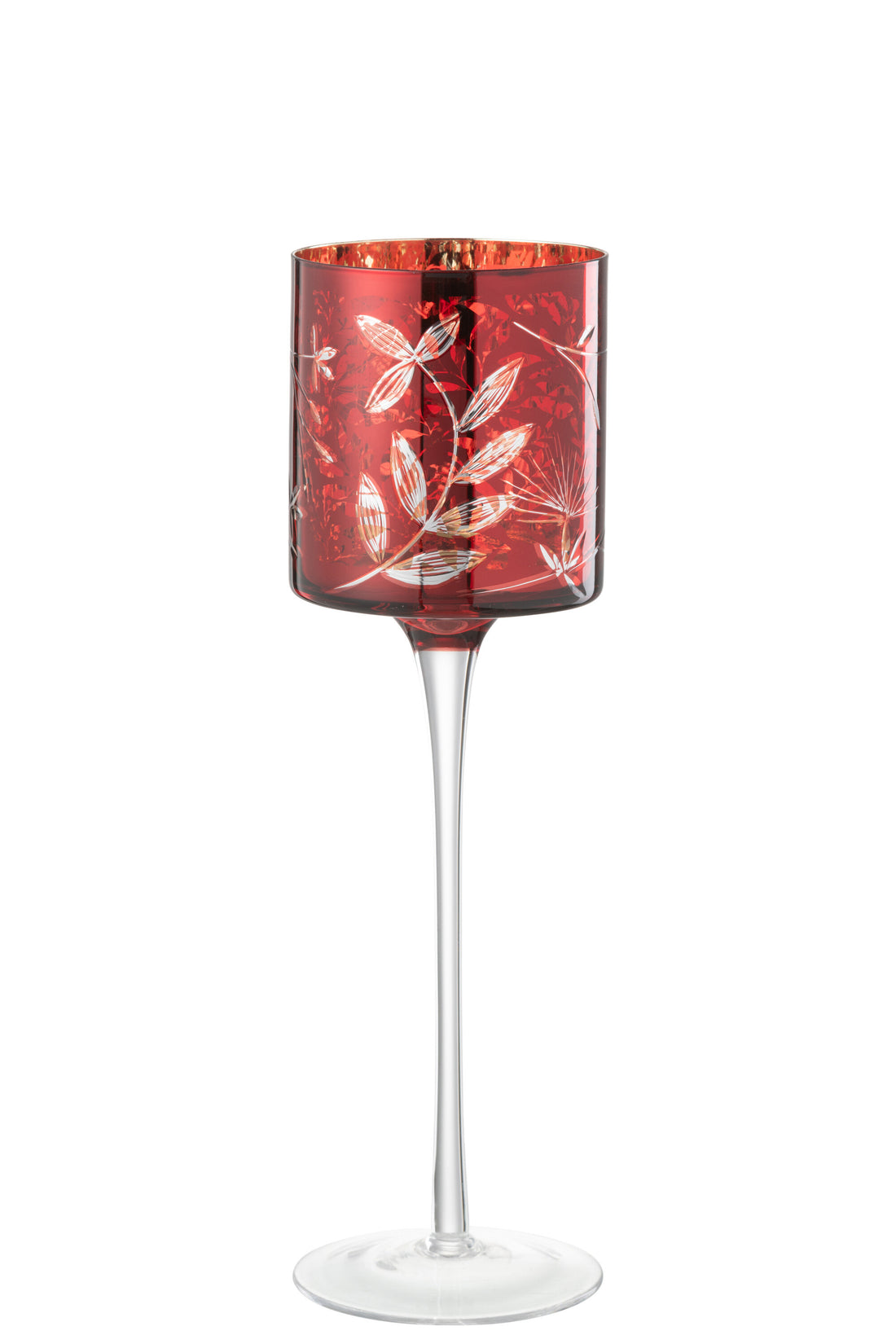 Theelichthouder Op Voet Bladeren Glas Rood/Antiek Goud Groot