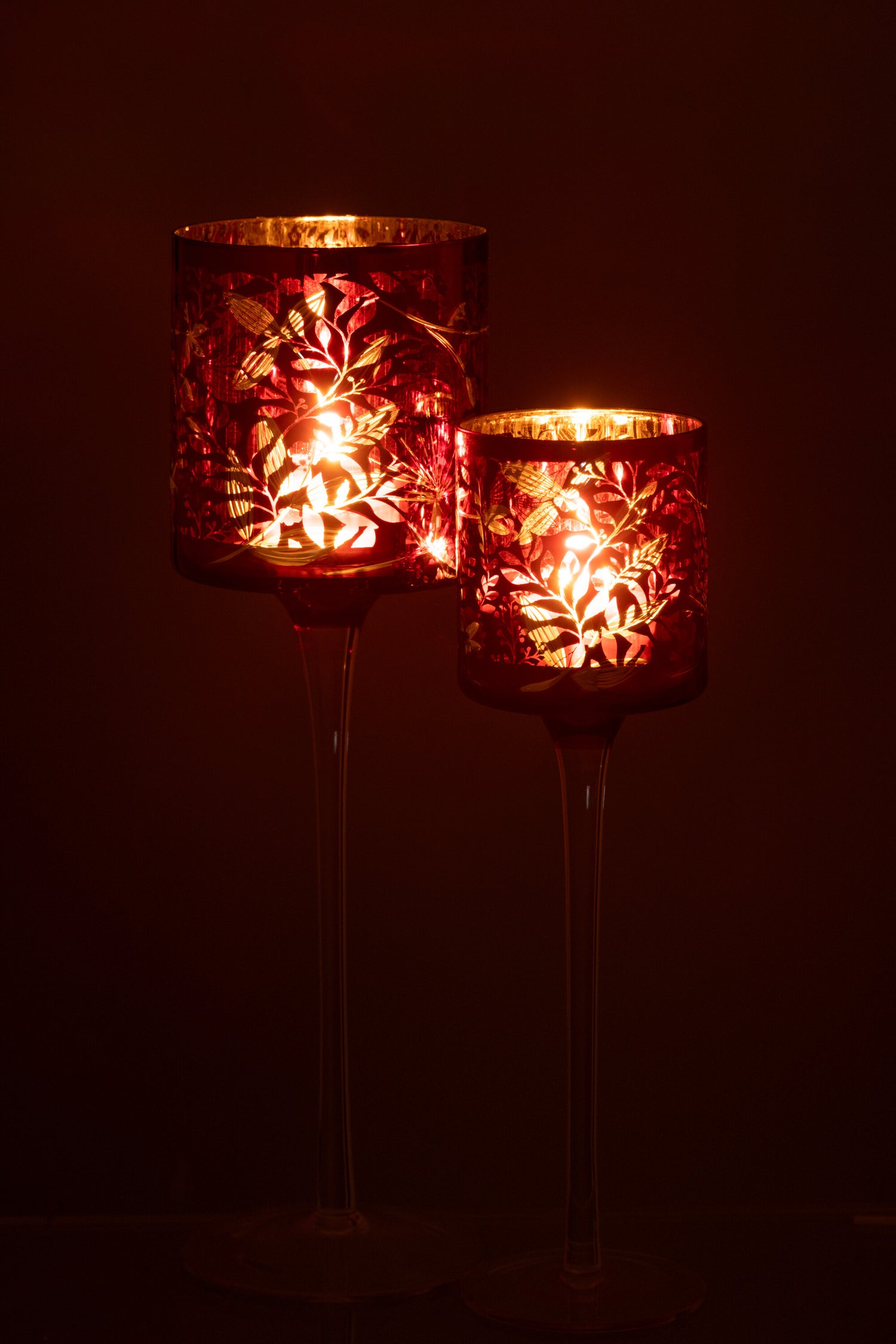 Theelichthouder Op Voet Bladeren Glas Rood/Antiek Goud Groot