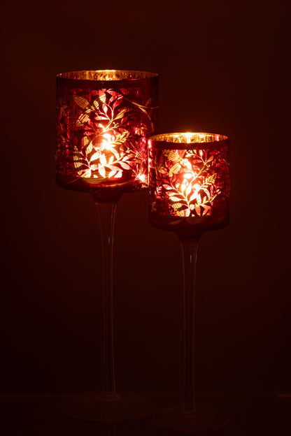 Theelichthouder Op Voet Bladeren Glas Rood/Antiek Goud Groot