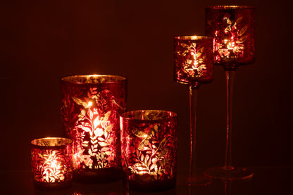 Theelichthouder Op Voet Bladeren Glas Rood/Antiek Goud Groot