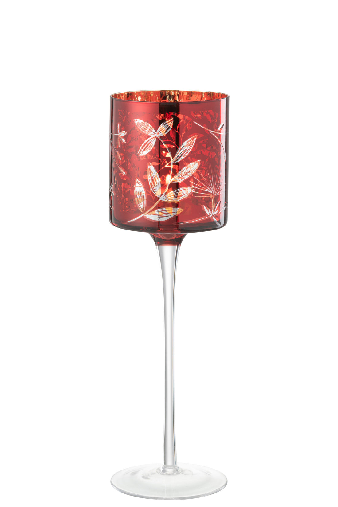 Theelichthouder Op Voet Bladeren Glas Rood/Antiek Goud Groot