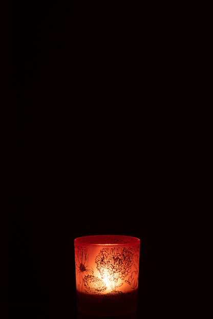 Theelichthouder Bloemen Glas Mat Rood/Goud Klein