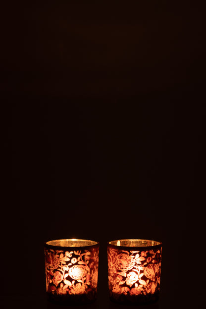 Theelichthouder Bloemen Glas Mat Paars Mix/Zilver Klein Assortiment Van 2