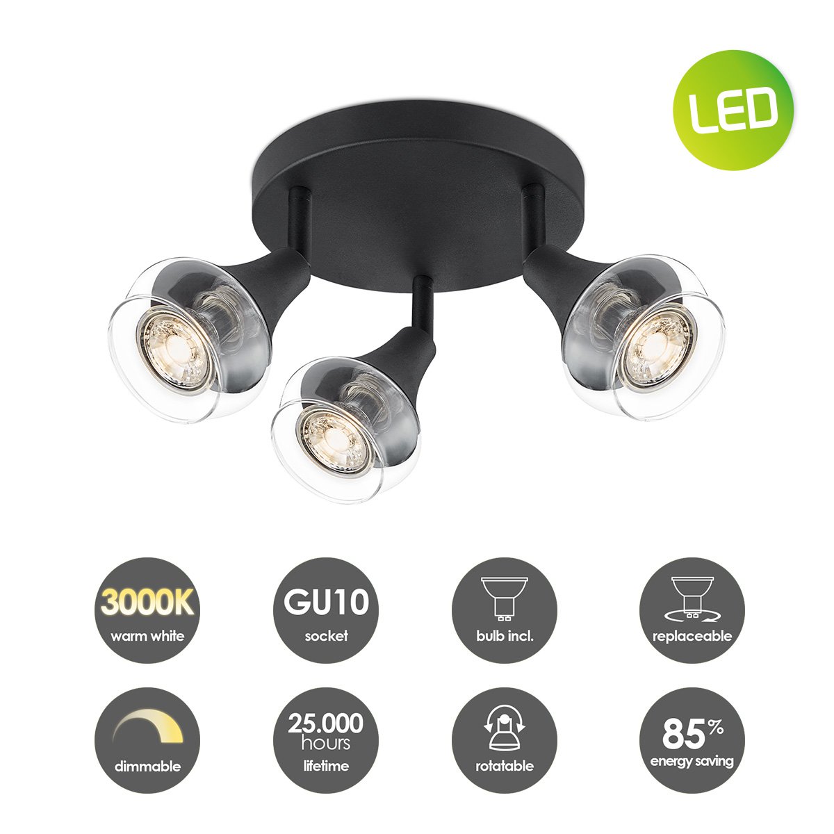 LED Opbouwspot Vaya 3 - incl. dimbare LED lamp - Zwart