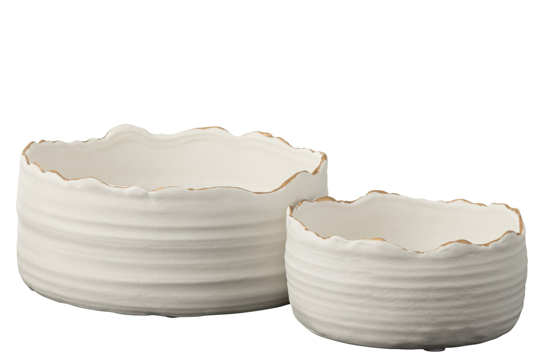 Bloempot laag porselein wit/goud groot