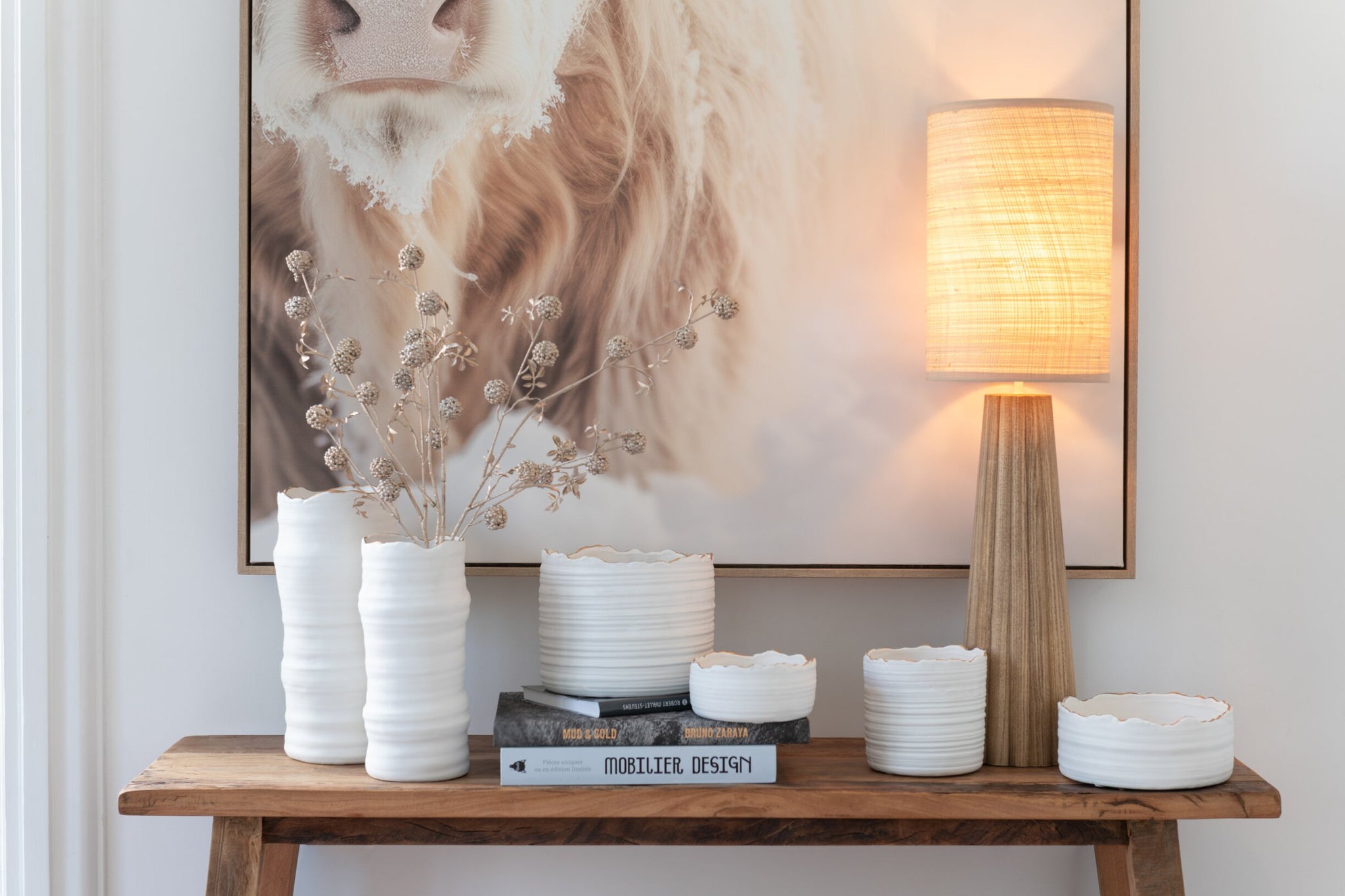 Bloempot laag porselein wit/goud groot