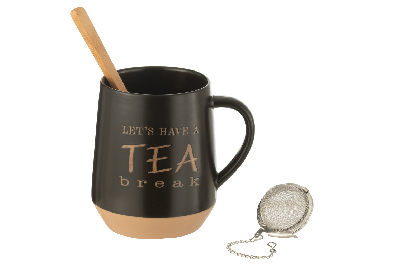 Theekopje + lepel + theebal keramiek zwart