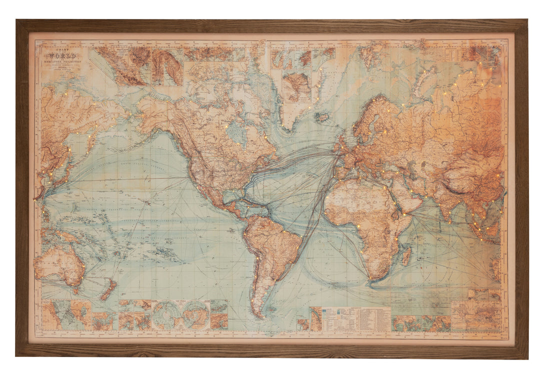 Frame Led Batterijen Kaart Wereld Hout/Canvas Bruin/Natuurlijk