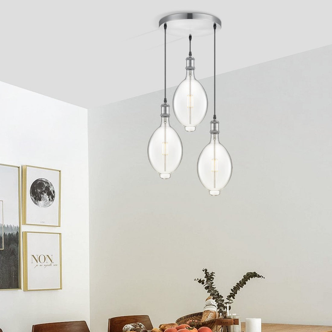 hanglamp chroom rond Ovaal 3L G180 dimbaar E27 helder