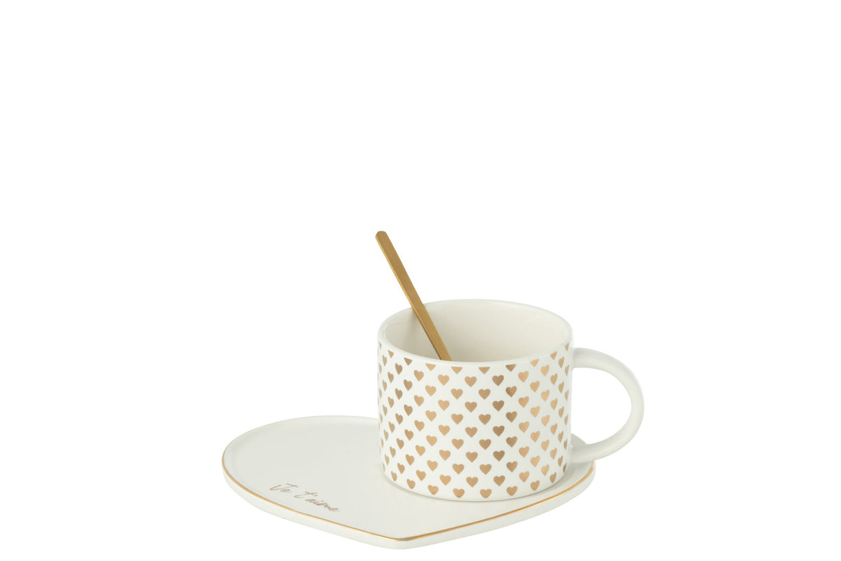 J-Line Beker+Schotel+Lepel Hart Keramiek Wit/Goud