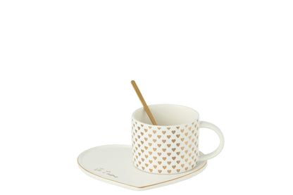 J-Line Beker+Schotel+Lepel Hart Keramiek Wit/Goud