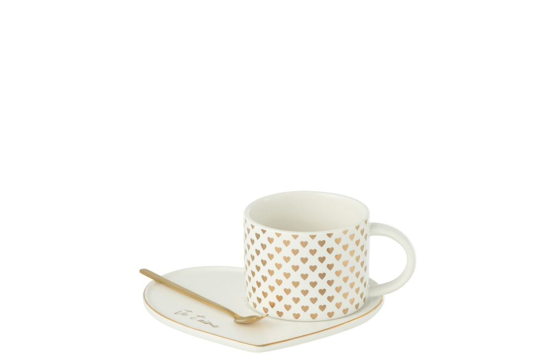 J-Line Beker+Schotel+Lepel Hart Keramiek Wit/Goud