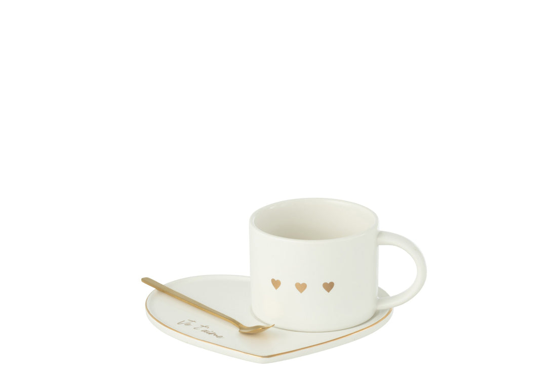 J-Line Beker + Schotel + Lepel 3 Hart Keramiek Wit/Goud