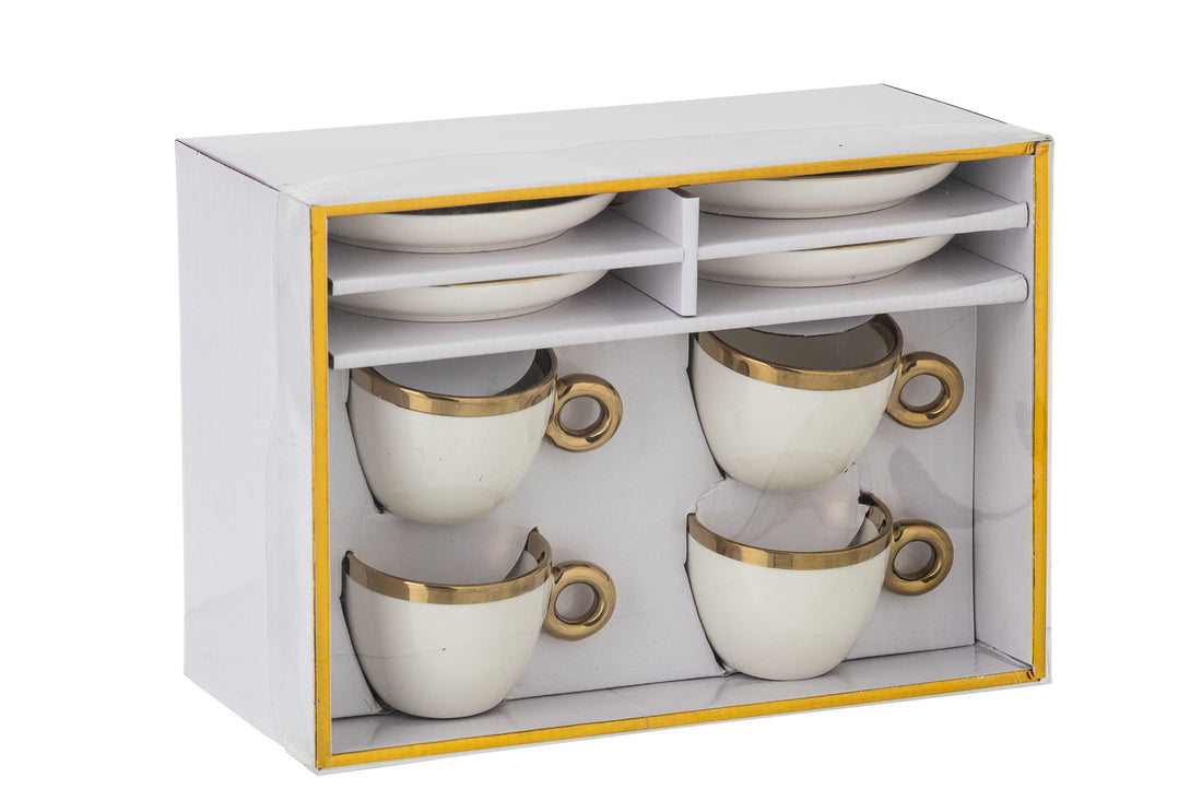 J-Line Doos van 4 kopjes en schotels van keramiek wit/goud
