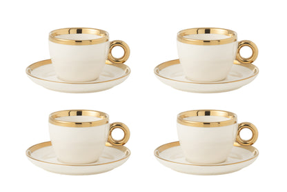 J-Line Doos van 4 kopjes en schotels van keramiek wit/goud
