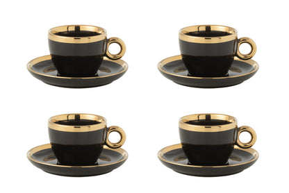 J-Line Doos met 4 kopjes en schotels van keramiek zwart/goud