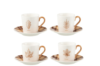 J-Line Doos met 4 koffiekopjes + schotels Blad Windownbox Keramiek Bruin Klein