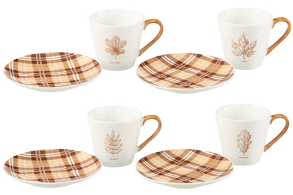 J-Line Doos met 4 theekopjes + schotels Blad Windownbox Keramiek Bruin Groot