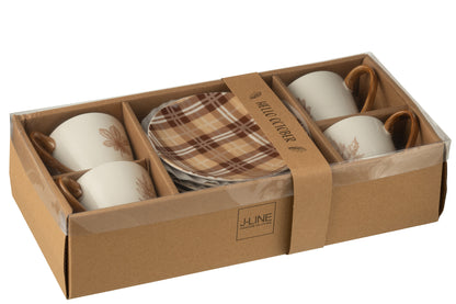 J-Line Doos met 4 theekopjes + schotels Blad Windownbox Keramiek Bruin Groot