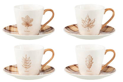 J-Line Doos met 4 theekopjes + schotels Blad Windownbox Keramiek Bruin Groot