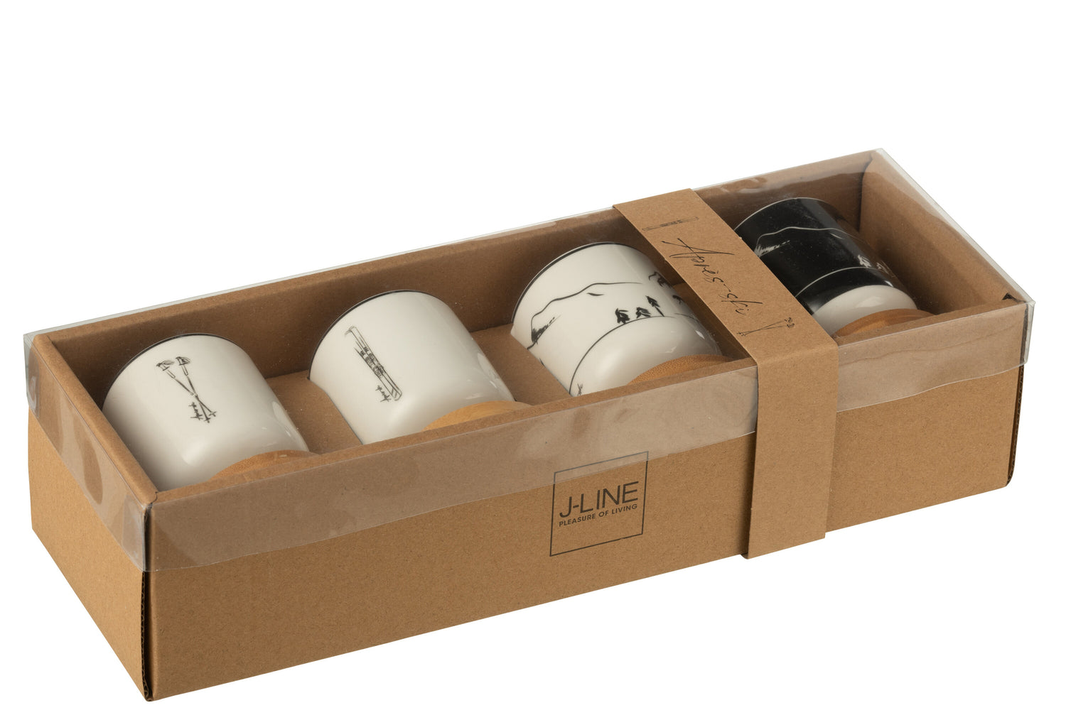 J-Line Doos met 4 koffiekopjes + bamboe schotel Windownbox Keramiek Zwart/Wit