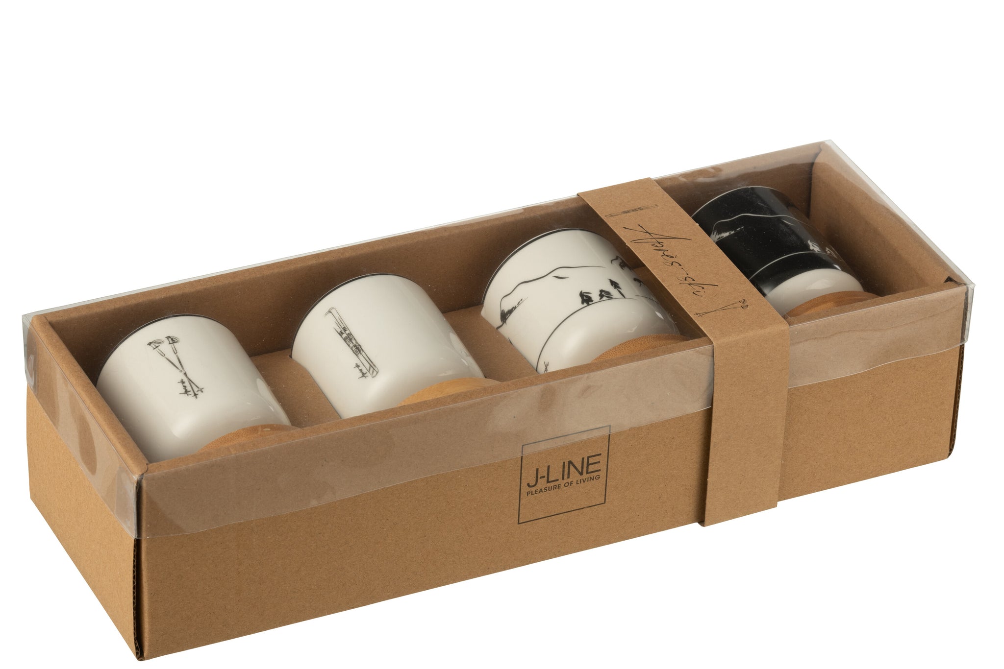 J-Line Doos met 4 koffiekopjes + bamboe schotel Windownbox Keramiek Zwart/Wit