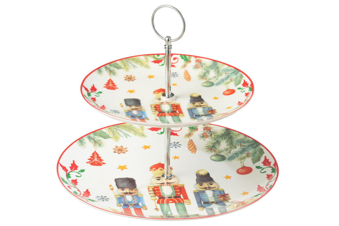 Taartstandaard 2-laags Rond Notenkraker Geschenkdoos Keramiek Wit