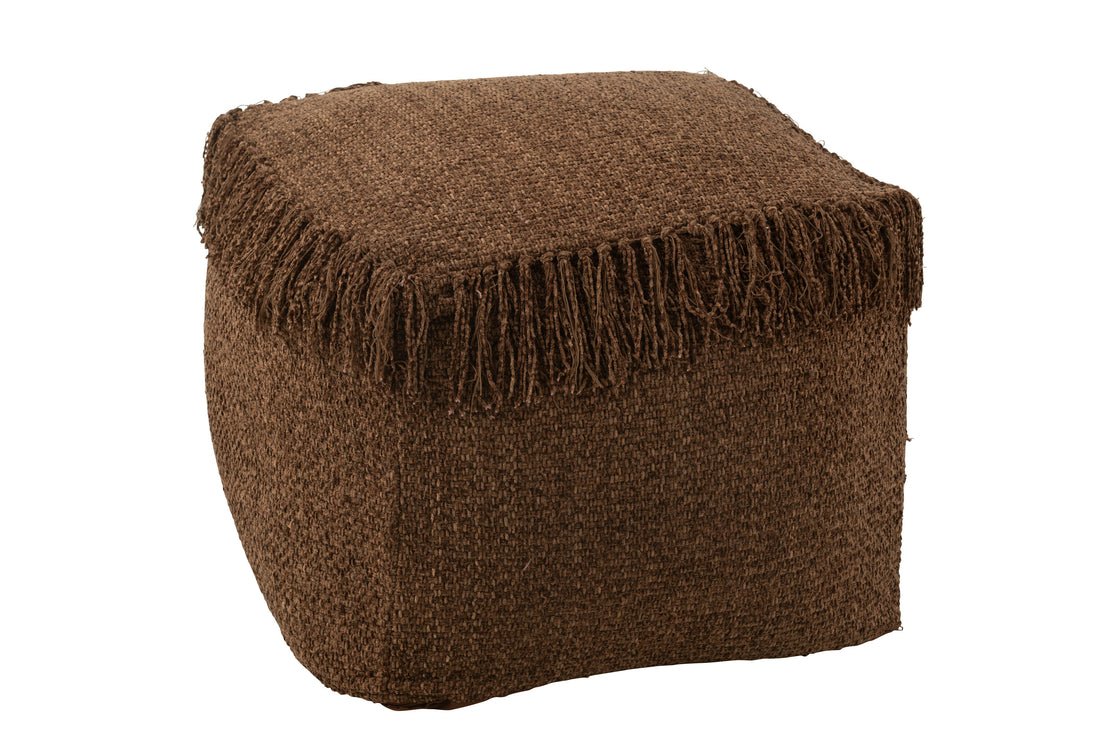 J-Line Poef Vierkant Gewoven+Franjes Viscose Bruin
