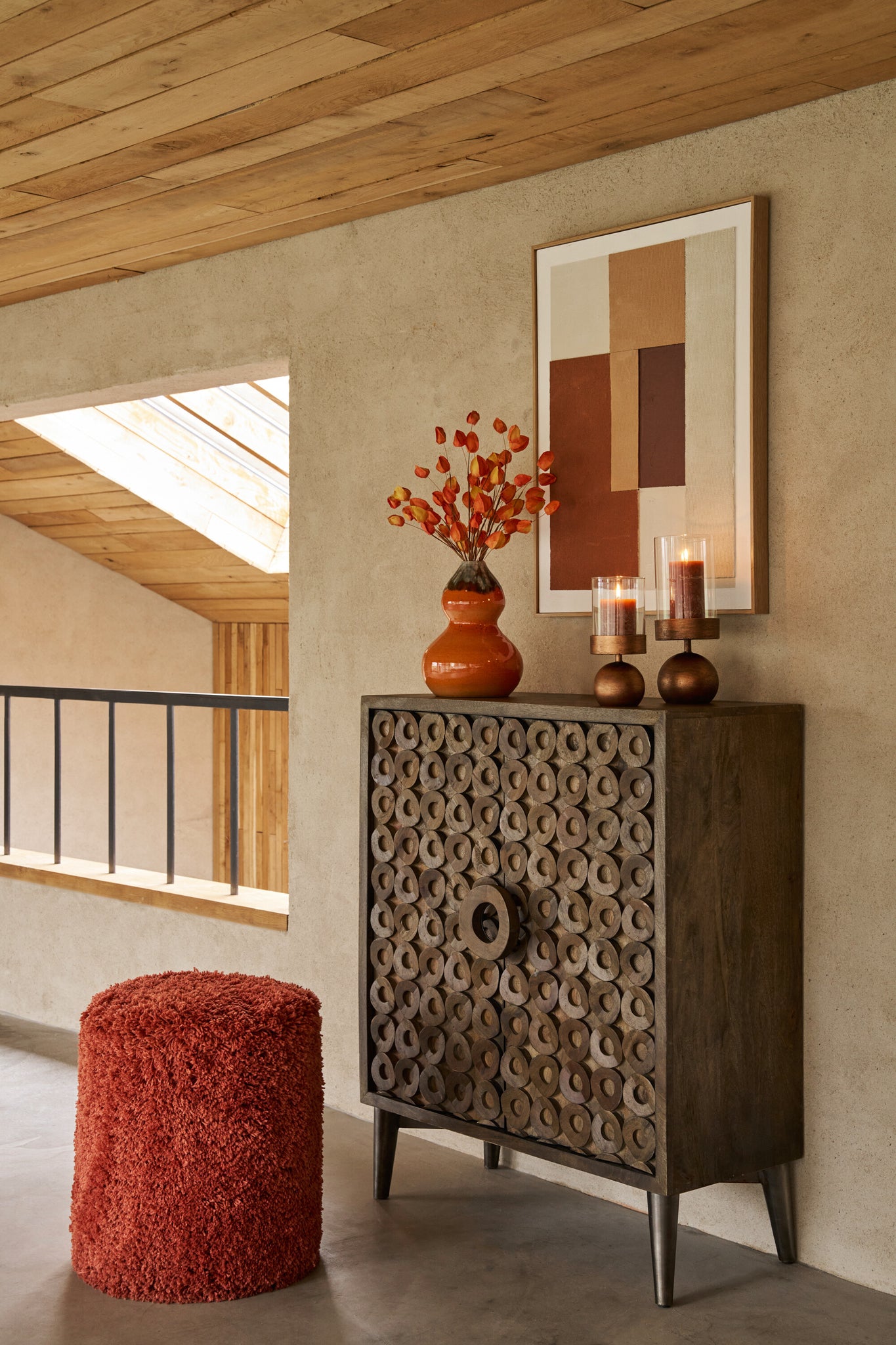 J-Line Poef Cylinder Pluizig Polyester Baksteen