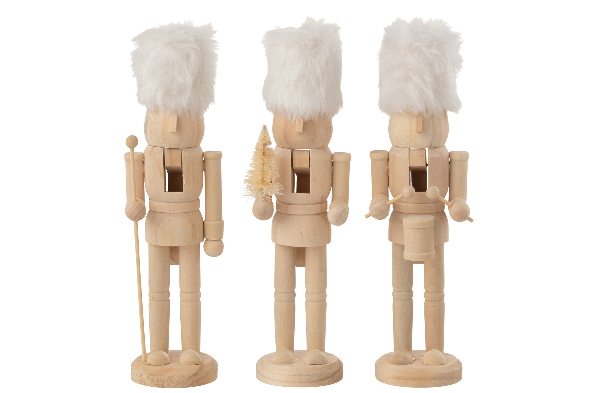 Doos met 3 notenkrakers hout/bont natuurlijk/wit
