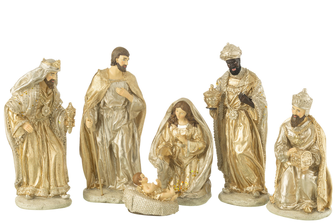 Kerststal 6 delen hars zilver/goud