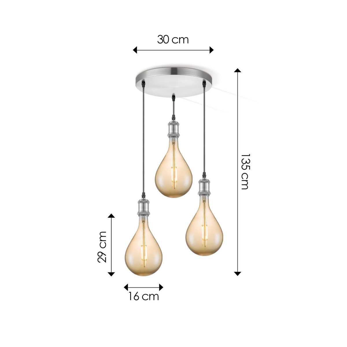 hanglamp chroom rond Pear 3L G160 dimbaar E27 amber