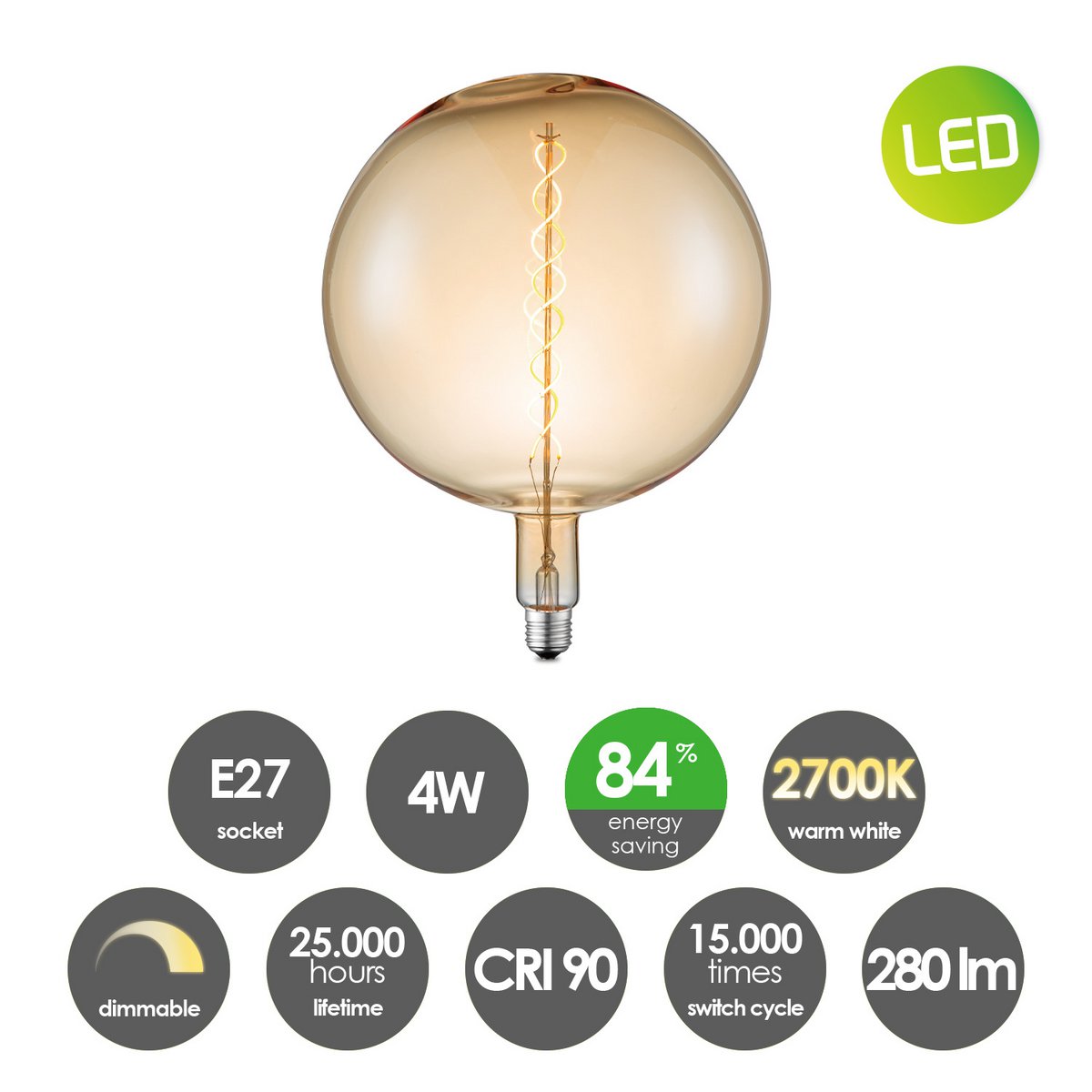 hanglamp chroom vintage Globe 3 LED -dimbaar E27 amber