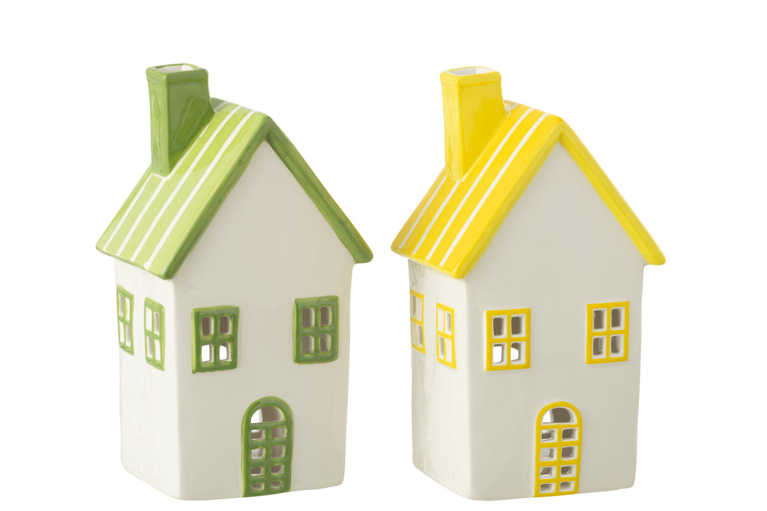Theelichthouder Huis Dolomiet Geel/Groen Assortiment Van 2