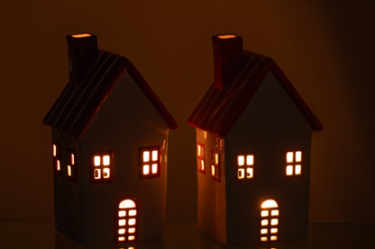 Theelichthouder Huis Dolomiet Oranje/Rood Assortiment Van 2