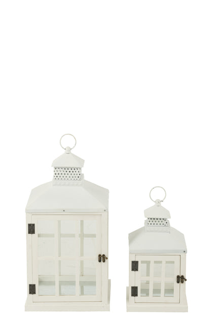 Set van 2 lantaarns huizen van dennenhout/metaal wit
