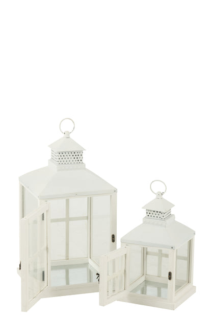 Set van 2 lantaarns huizen van dennenhout/metaal wit