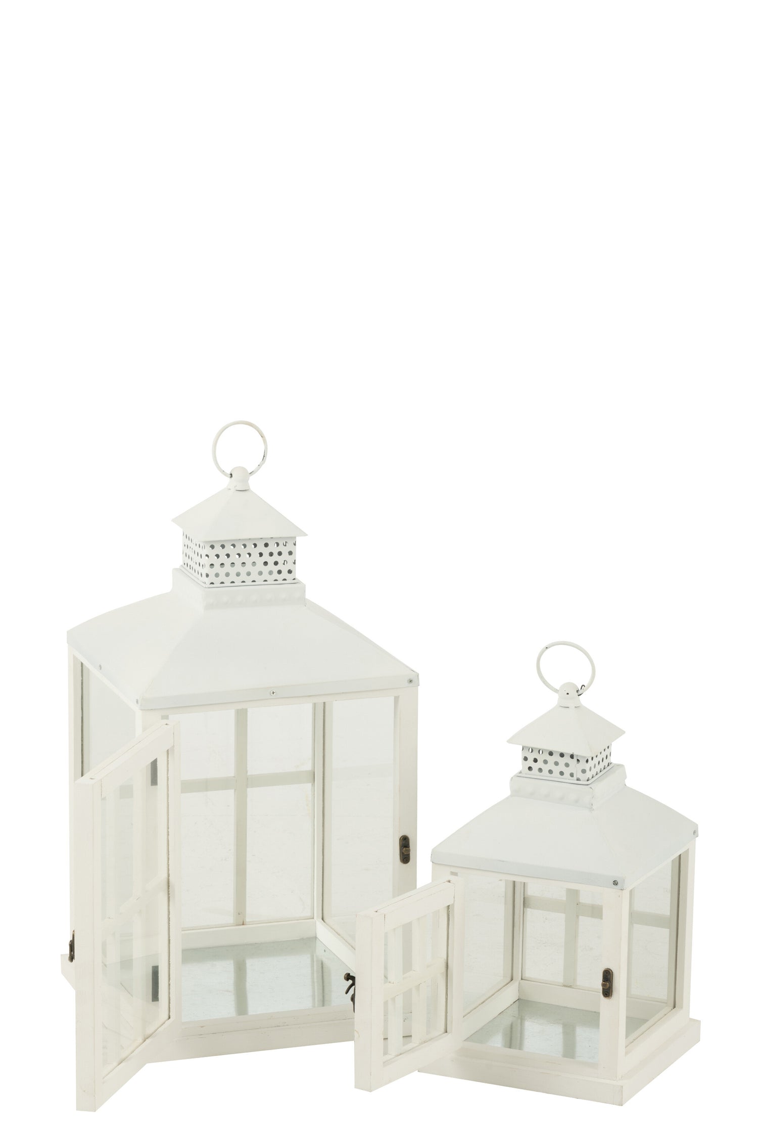 Set van 2 lantaarns huizen van dennenhout/metaal wit