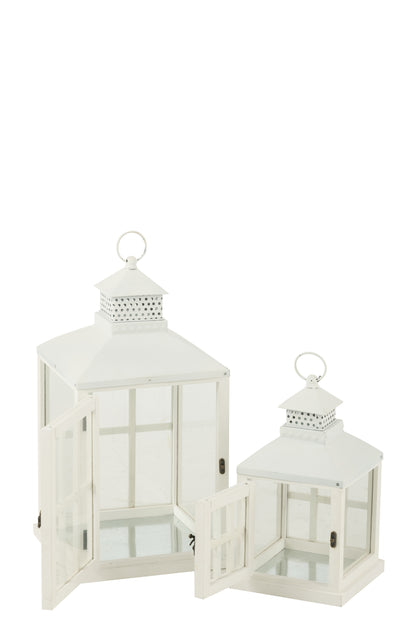 Set van 2 lantaarns huizen van dennenhout/metaal wit