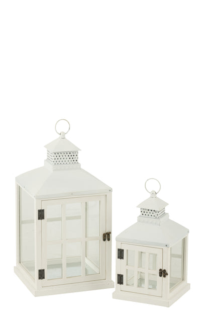 Set van 2 lantaarns huizen van dennenhout/metaal wit